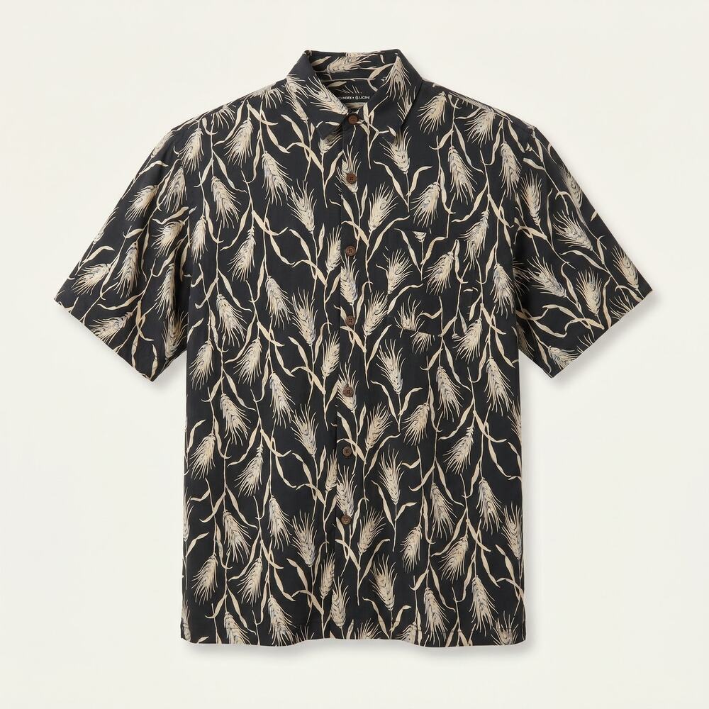Bobby Chan 100% Silk Men's Large Short Sleeve Button Down Shirt - Black Print